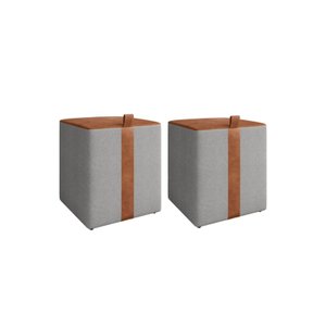 Kit 2 Puffs Éros Quadrados Linho e Couro Cinza Caramelo para Sala de Estar