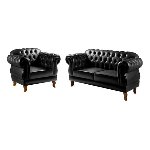 Conjunto Sofá Namoradeira Chesterfield Com Capitonê 2 Lugares E Poltrona Duquesa - Couríssimo Preto