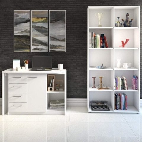 Escrivaninha Mesa Escritório em L 4 Gavetas e Estante 10 Nichos Espresso Móveis Branco