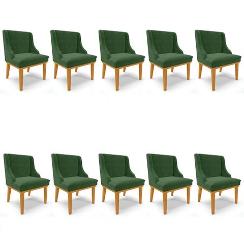 Kit 10 Cadeiras Estofadas para Sala de Jantar Base Fixa de Madeira Castanho Lia Suede Verde - Ibiza