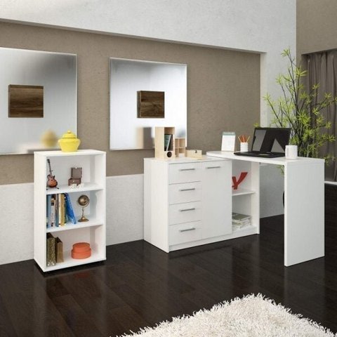 Escrivaninha Mesa Escritório em L 4 Gavetas e Estante 2 Prateleiras Espresso Móveis Branco