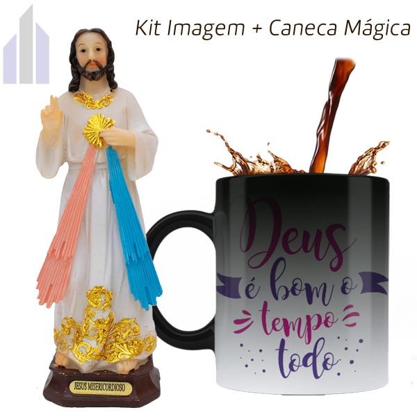 Kit Imagem Jesus Misericordioso 15cm e Caneca Mágica Deus é Bom o Tempo Todo - 2