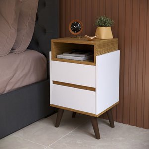 Mesa de Cabeceira Verona com 2 Gavetas Pés Retro Moderna para Quarto - Branco com Nature