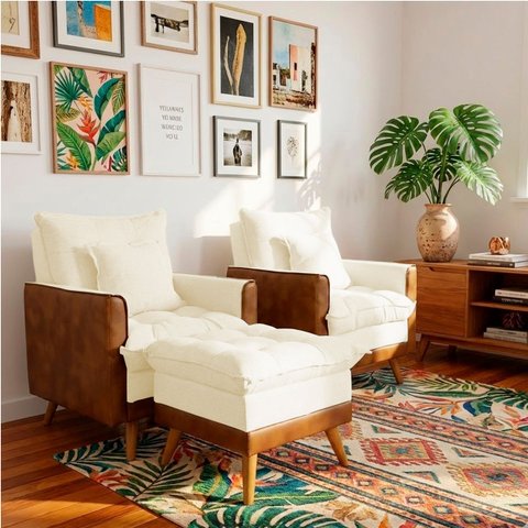 Kit 2 Poltronas Sofá Reclinável Londres com Puff Banqueta Almofadado Corino e Linho Bege - Arkell