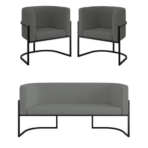 Kit 2 Poltronas + Sofá 2 Lugares Base de Metal Black Veludo Cinza