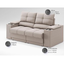 Sofá com Porta Copos e Carregador USB Retrátil e Reclinável Ringo 1,70m Velosuede Bege - NETSOFAS - 2