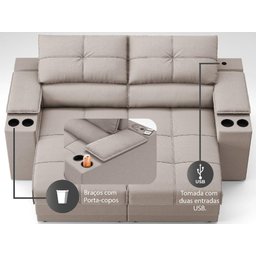 Sofá com Porta Copos e Carregador USB Retrátil e Reclinável Ringo 1,70m Velosuede Bege - NETSOFAS - 6