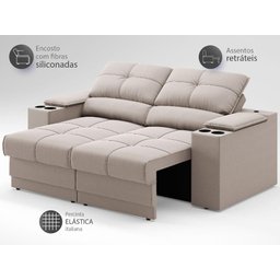 Sofá com Porta Copos e Carregador USB Retrátil e Reclinável Ringo 1,70m Velosuede Bege - NETSOFAS - 4