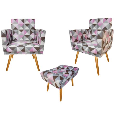 Kit 2 Poltronas Decorativa Nina + Puff Retangular Suede Triângulo Rosa Pés Madeira Ms Decor