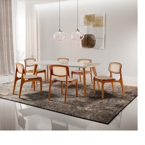 Conjunto de Mesa de Jantar Maia Tampo com Vidro Laqueado 160cm 6 Cadeiras Maia Premium