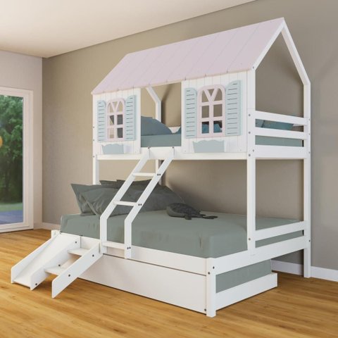 Treliche Casal/ Solteiro Casinha Bela com Kit Escada/escorregador - Madeira Maciça Branco/rosa/
