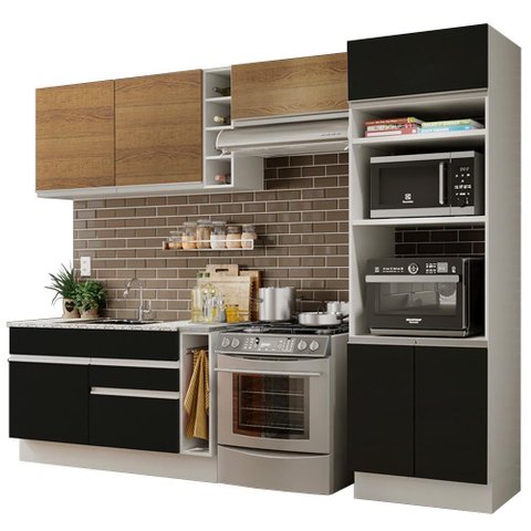 Armário de Cozinha Completa 290cm Branco/Preto/Rustic Cristal Madesa 09