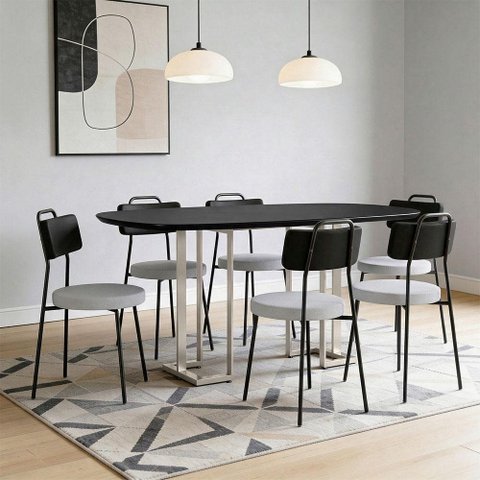 Mesa Retangular Alina 180cm Preto Champanhe com 6 Cadeiras Barcelona N01 Couríssimo Preto Linho