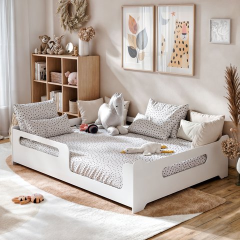 Cama Casal Infantil Montessori Encanto para Quarto de Criança Menina Menino com Proteção Lateral Cor