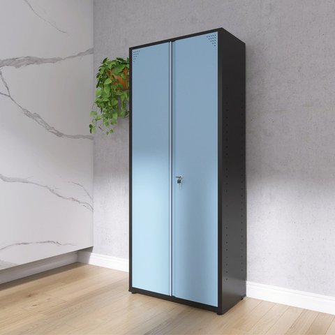 Armário Industrial 2 Portas com 4 Prateleiras e Chave Cinza/Preto/Azul Dali