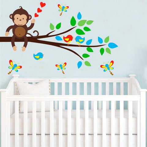 Adesivo de Parede Macaquinho com Passarinhos-Extra Grande 103x64cm