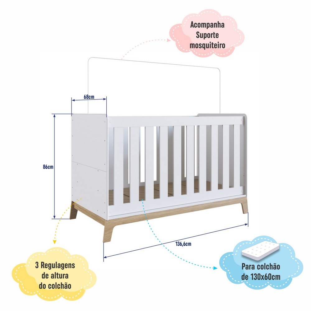 Berço 3 em 1 Linha Favo de Mel 136,6cm Branco Fm001 Completa Móveis - 12