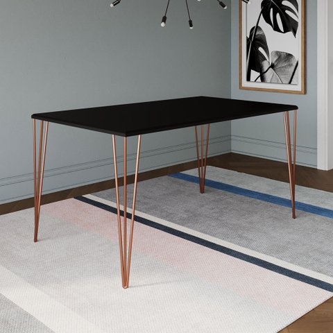 Mesa de Jantar Elen 140x80cm Tampo Preto com Base Cobre