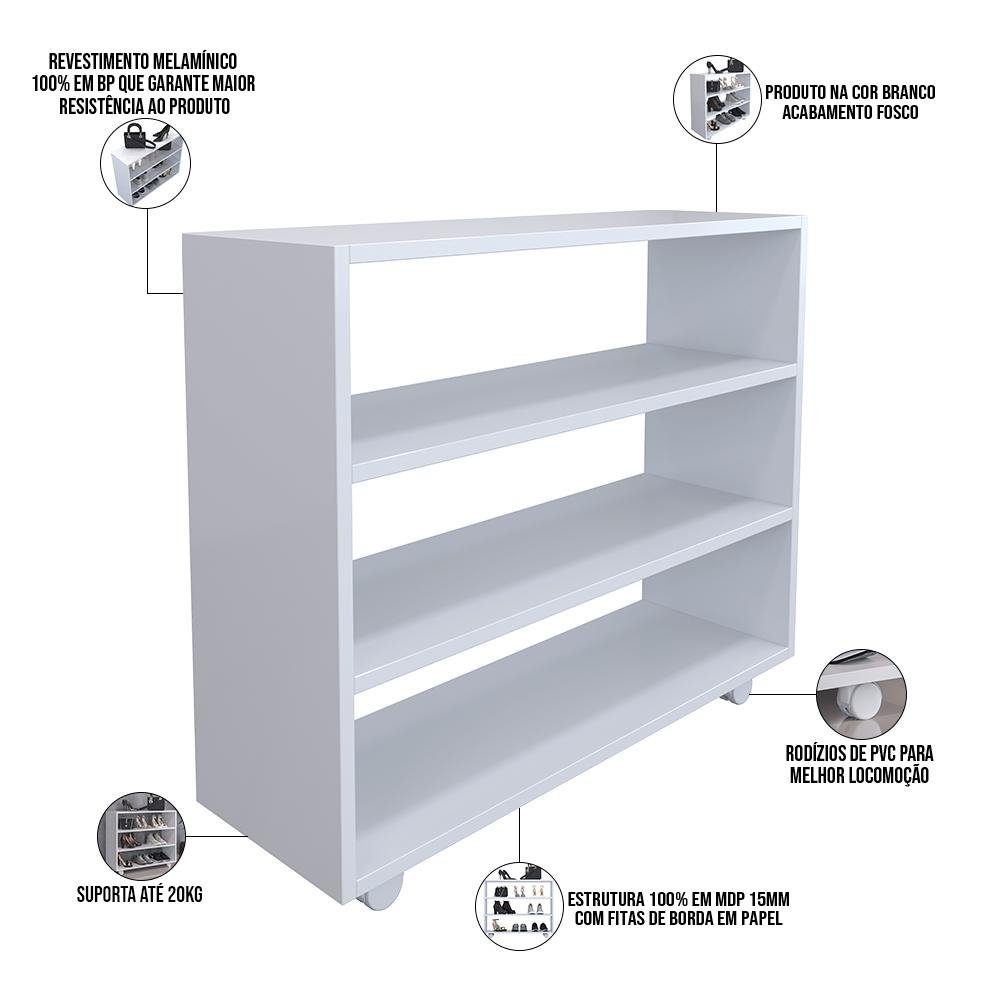 Sapateira Multiuso Organizador Com 03 Prateleiras E Rodízio Pérola L03 Branco - Lyam Decor - 4