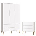 Ver imagem 1 de Cômoda Gaveteiro Infantil e Guarda Roupa 3 Portas Theo Branco Acetinado Pés Madeira Natural – Reller