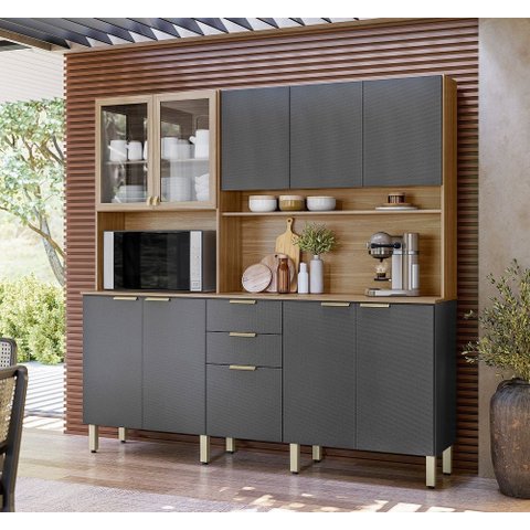 Cozinha Compacta Amora 8 Pts 2vidros Incolor e 2 Gavetas - Amêndola Touch/ Grafito Prime Tx Demóbile