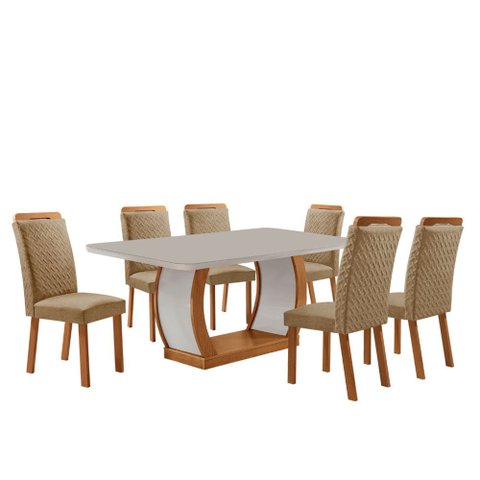 Mesa de Jantar Milena 180cm Tampo MDF Vidro Canto Copo com 6 Cadeiras Aline