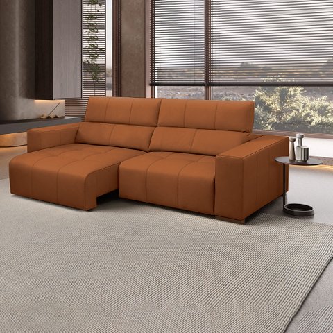 Sofá Decorativo Barbosa 3 Lugares Sala de Estar 250cm Reclinável e Retrátil Couro Conhaque G88 - Gra