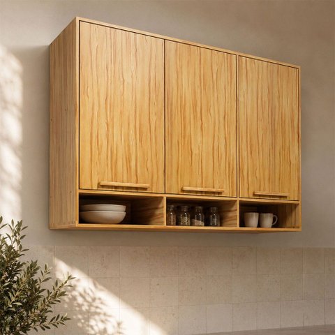 Armário Aéreo Cozinha 120 cm Trebbiano 3 Portas 100% MDF Amêndoa - Rio Doce
