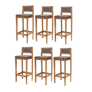 Kit 6 Banqueta Alta de Madeira com Assento em Linho e Encosto em Linho Hellen: Mel Linho Cinza