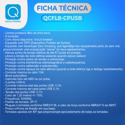 Filtro de Linha Torre 8 Tomadas + 3 Usb Bivolt Qualitronix Qcfl8-ppusb 8 Tomadas - 5