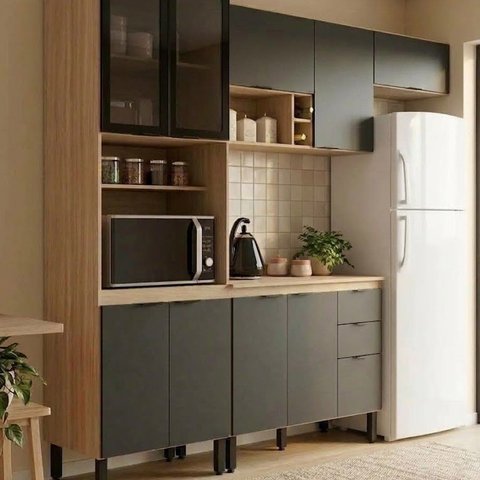 Cozinha Completa Modulada 10 Portas e 2 Gavetas com Tampo e Pés Reguláveis 260x219x52cm