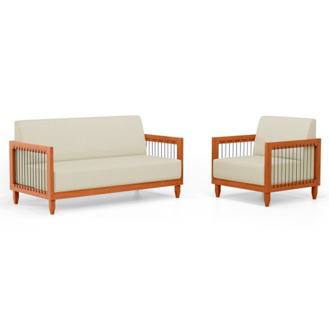 Kit Poltrona e Sofá Varanda Samoa Madeira Maciça com Cordas Náutica Linho Pérola - Desk Design