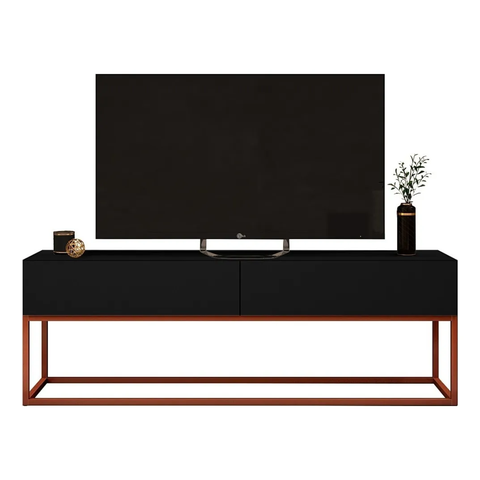 Rack Eros 140cm Minimalista e Moderno com 2 Gavetas Organizadoras e Base Metálica:preto/cobre