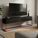 Ver imagem 4 de Rack Eros 140cm Minimalista e Moderno com 2 Gavetas Organizadoras e Base Metálica:preto/cobre