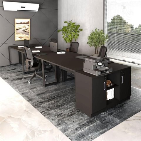 Plataforma Trabalho 1,20m P/ 6 Pessoas com Armário F5 Office Cor:preto