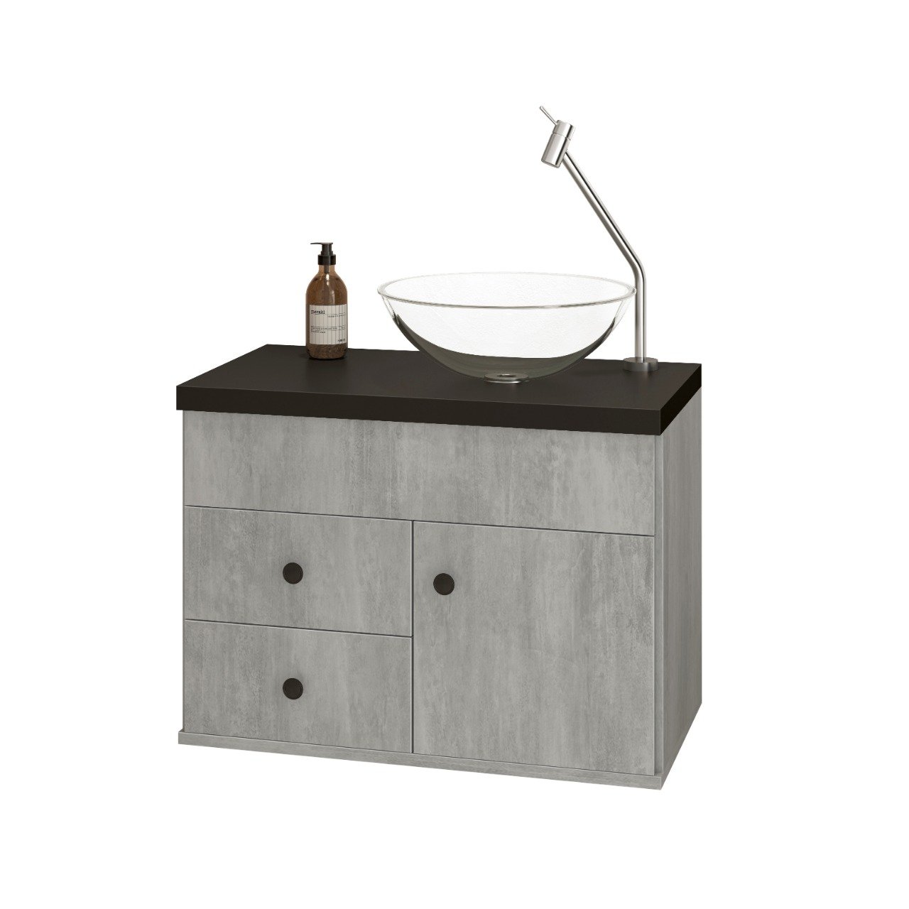 Kit Armário MDF para Banheiro Completo Luna 60 com Espelho e Cuba vidro:Cimenticio com Preto - 3