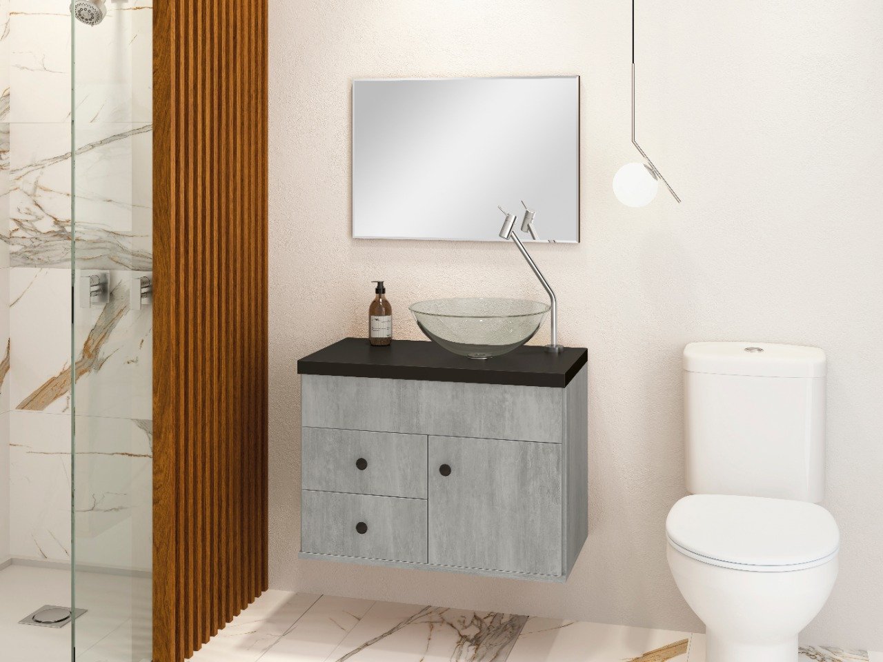 Kit Armário MDF para Banheiro Completo Luna 60 com Espelho e Cuba vidro:Cimenticio com Preto - 2