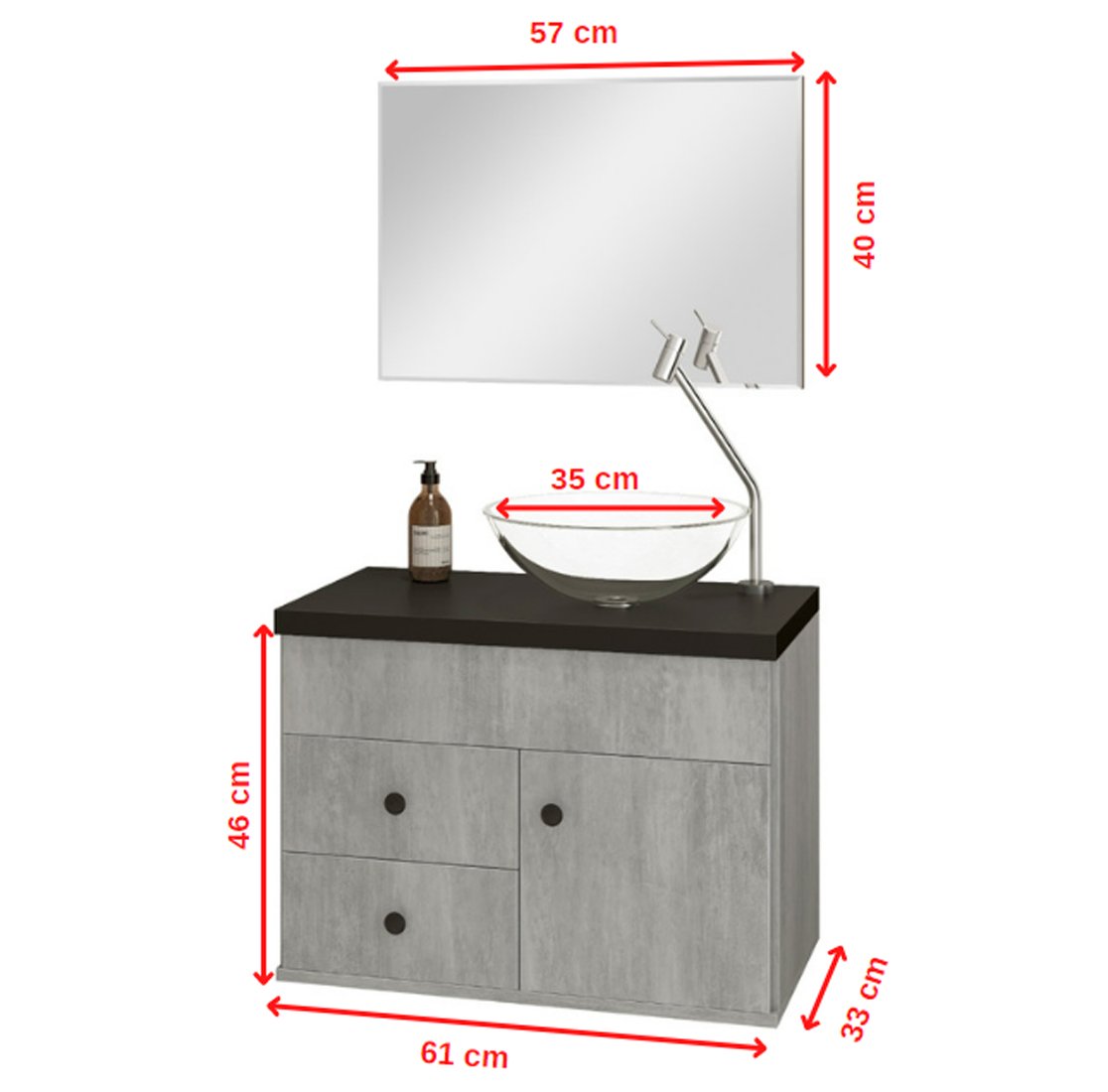 Kit Armário MDF para Banheiro Completo Luna 60 com Espelho e Cuba vidro:Cimenticio com Preto - 4