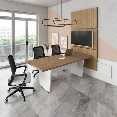 Mesa Reunião 2,00m X 0,90m 1cx Tomada e 3 Painéis de Tv F5 Cor:macadâmia com Branco