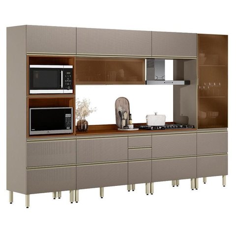 Cozinha Modulada Proença 6 Peças Torre Quente e Cristaleira Nogueira Nude Prime Tx - Demartez