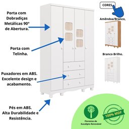 Quarto de Bebê Completo Guarda Roupas 4 Portas Cômoda 1 Porta 4 Gavetas 100% Mdf Telinha - 8
