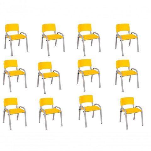 Kit 12 Cadeira Iso Infantil Creche, Base Cinza Amarelo