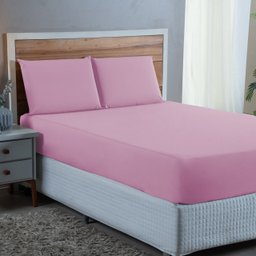 Jogo de Cama Lençol Casal 300 Fios Algodão 3 Peças Conjunto com Elástico e Fronhas:rosa Bebe - 2