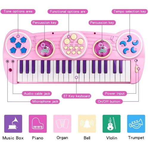 Teclado Infantil Rosa Com Microfone Musical Resistente Comp