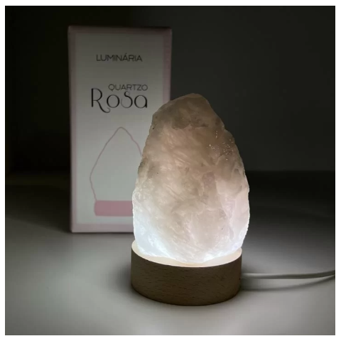 Mini Luminária Quartzo Rosa Led Branco - Base de Madeira