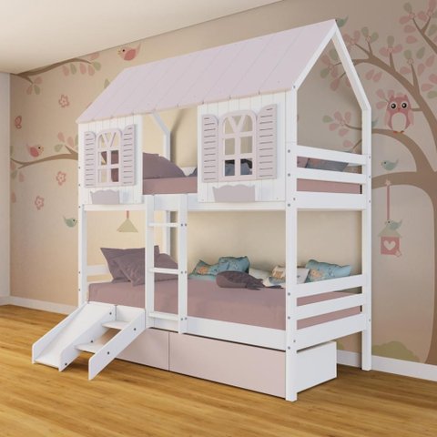 Beliche Casinha Bela com 2 Gavetas Rosa Kit Escada/Escorregador - Madeira Maciça Branco/Rosa |