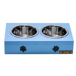 Comedouro Com Patinhas E Potes Inox Para Cachorro Azul - 1