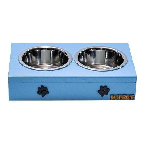 Comedouro com Patinhas e Potes Inox para Cachorro Azul