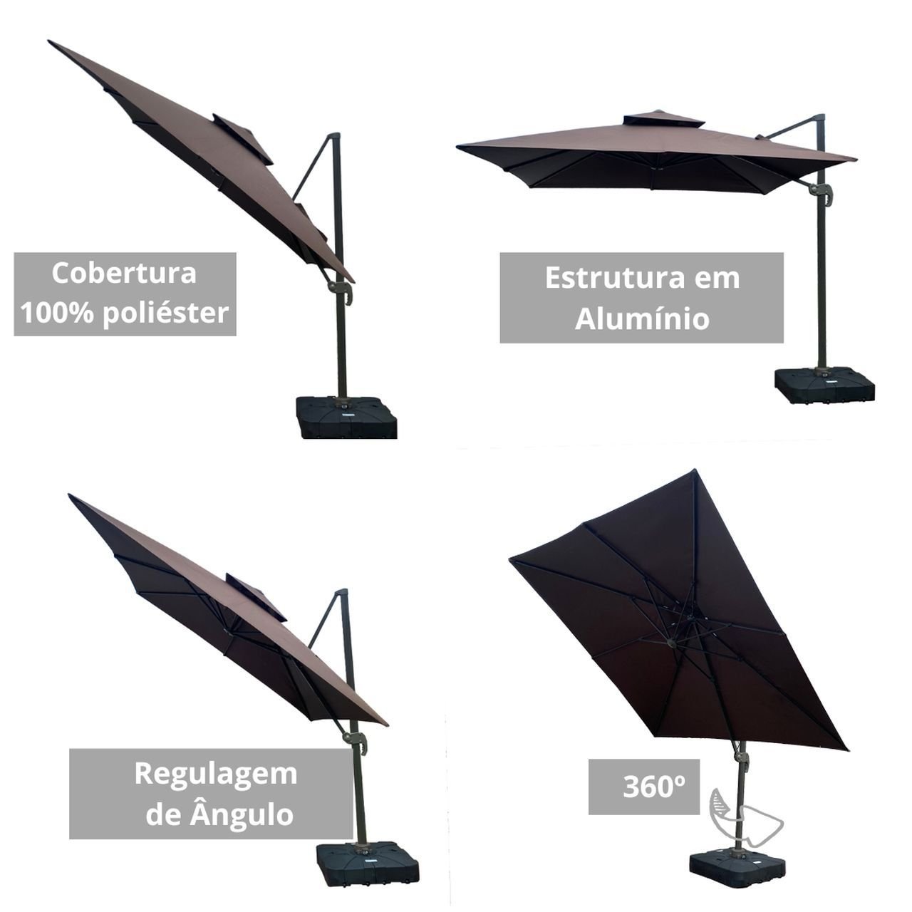 Ombrelone Guarda Sol Java Aluminio Marrom Café 2,5 X 2,5 C/ Base 100l - 12