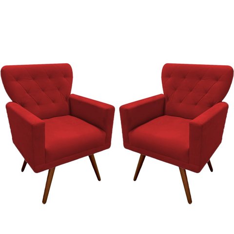 Kit 2 Poltronas Decorativa Aurora Suede Vermelho Pés Madeira Mz Decor